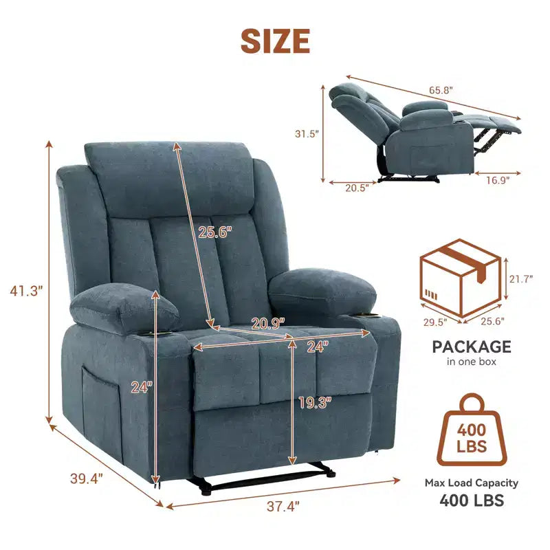 Fauteuil inclinable manuel surdimensionné avec massage vibrant, chauffage et poches latérales pour le salon