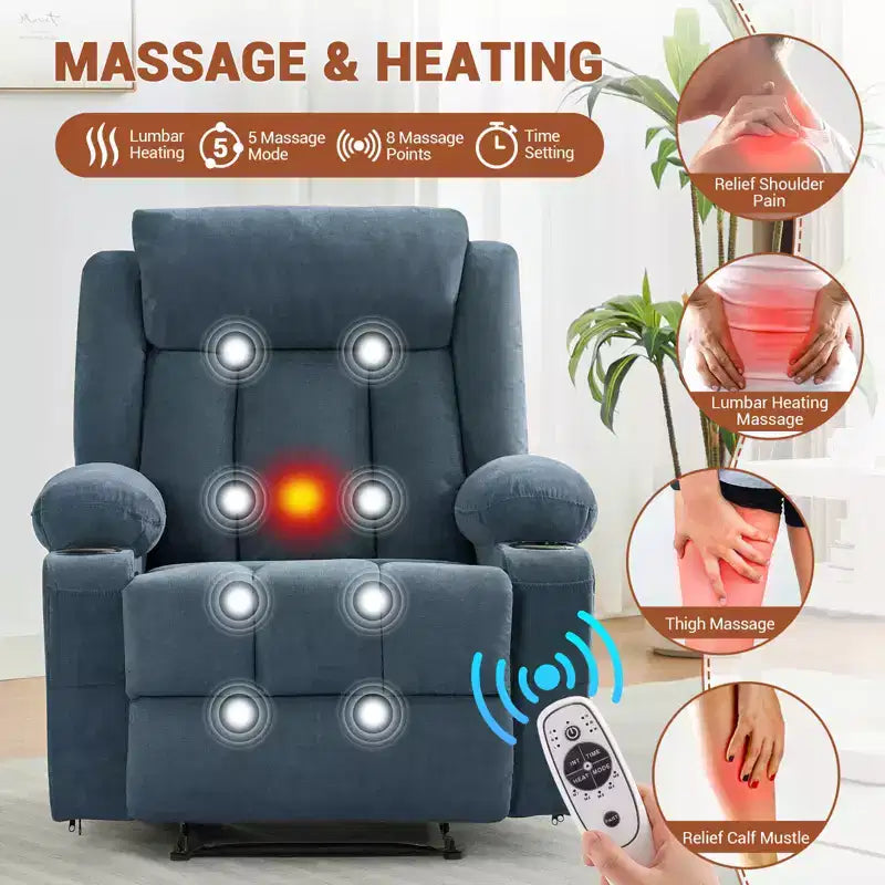 Fauteuil inclinable manuel surdimensionné avec massage vibrant, chauffage et poches latérales pour le salon