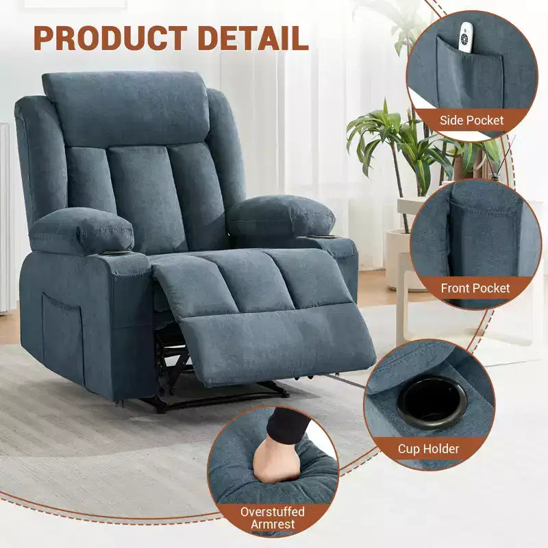 Fauteuil inclinable manuel surdimensionné avec massage vibrant, chauffage et poches latérales pour le salon