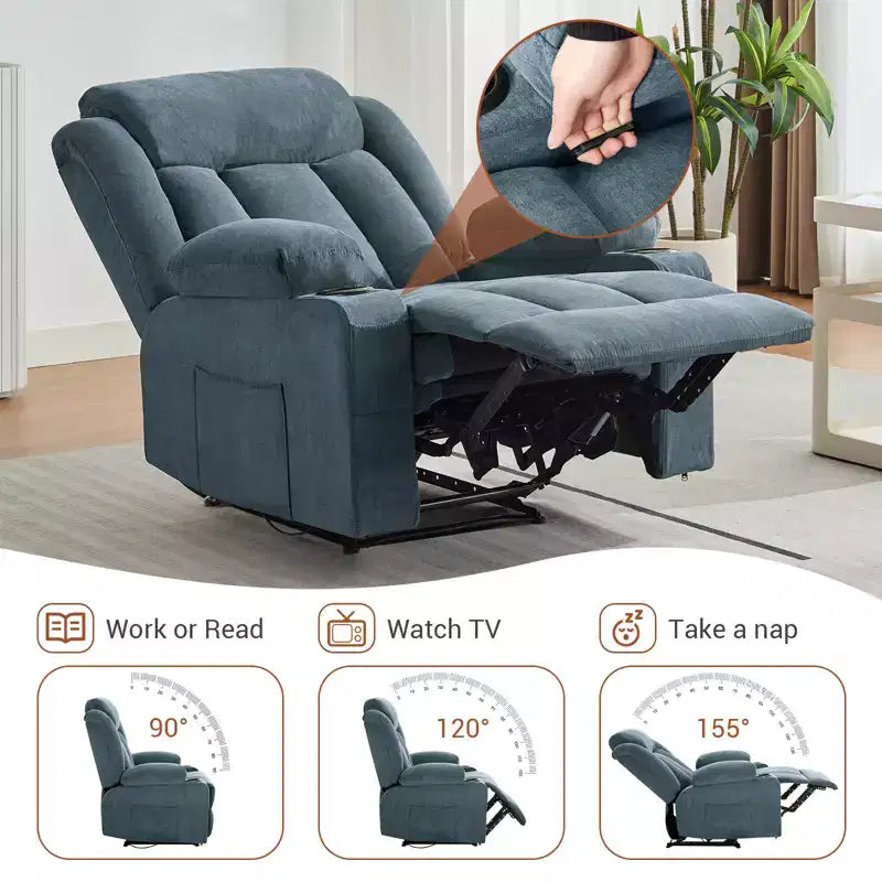 Fauteuil inclinable manuel surdimensionné avec massage vibrant, chauffage et poches latérales pour le salon