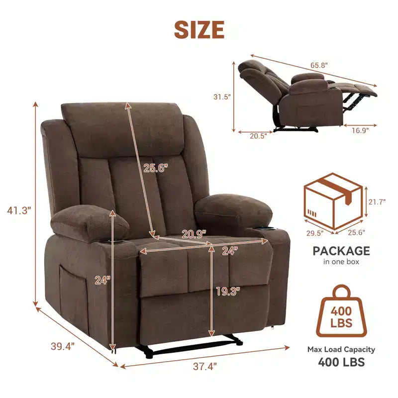 Fauteuil inclinable manuel surdimensionné avec massage vibrant, chauffage et poches latérales pour le salon