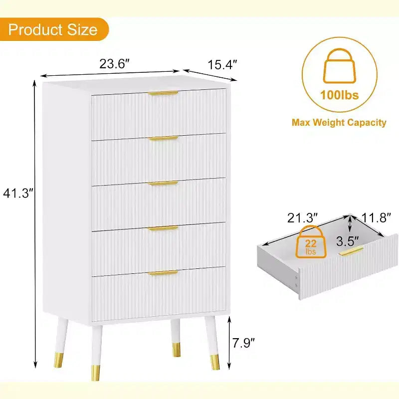 Commode 5 tiroirs pour chambre à coucher, commode de placard 5 tiroirs, unité de rangement de coffre, petite table de chevet cannelée pour chambre à coucher