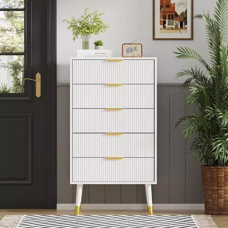 Commode 5 tiroirs pour chambre à coucher, commode de placard 5 tiroirs, unité de rangement de coffre, petite table de chevet cannelée pour chambre à coucher