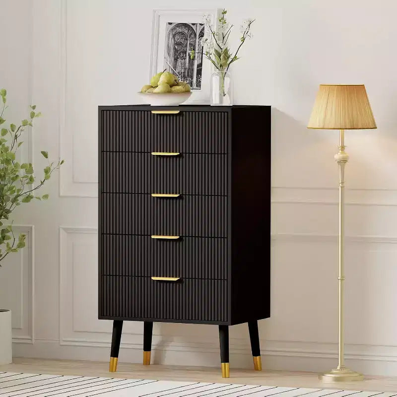 Commode 5 tiroirs pour chambre à coucher, commode de placard 5 tiroirs, unité de rangement de coffre, petite table de chevet cannelée pour chambre à coucher