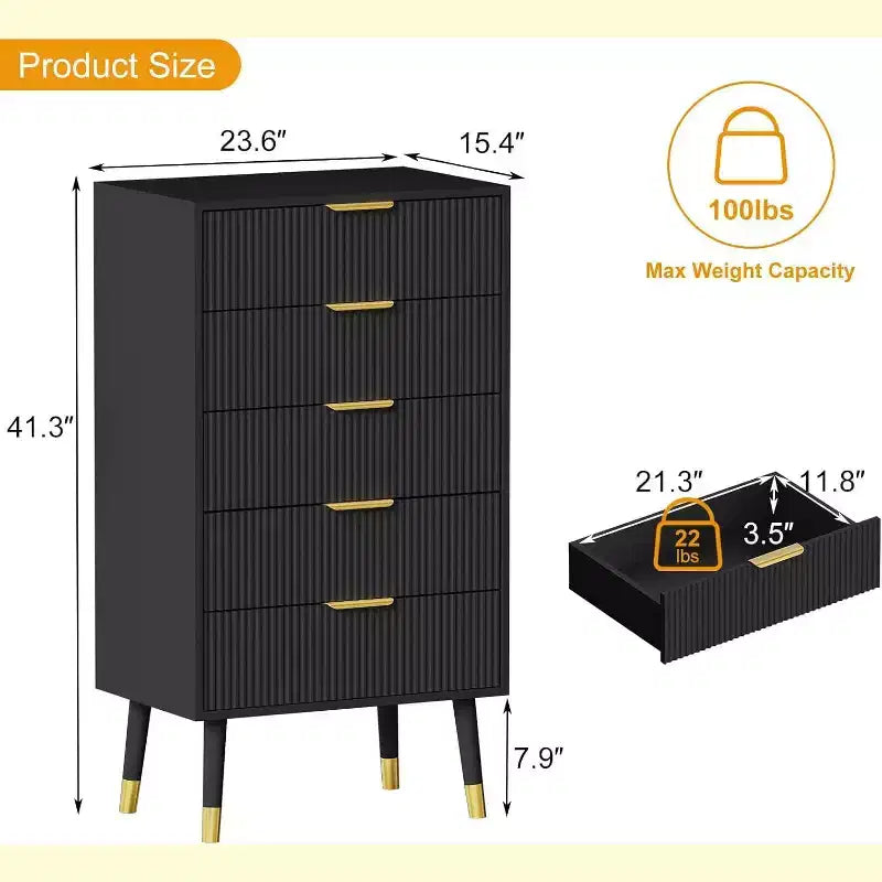 Commode 5 tiroirs pour chambre à coucher, commode de placard 5 tiroirs, unité de rangement de coffre, petite table de chevet cannelée pour chambre à coucher