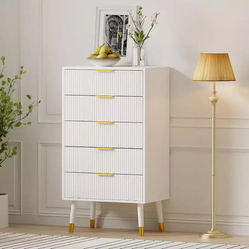 Commode 5 tiroirs pour chambre à coucher, commode de placard 5 tiroirs, unité de rangement de coffre, petite table de chevet cannelée pour chambre à coucher