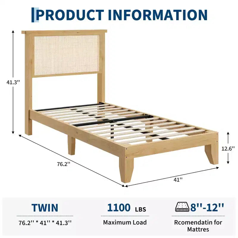 Cadre de lit en rotin, tête de lit de rangement naturelle avec lumières, pieds de support en bois et lattes silencieuses, pas de sommier tapissier, sans bruit, assemblage facile