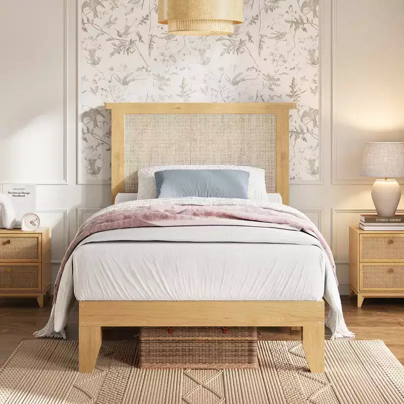 Cadre de lit en rotin, tête de lit de rangement naturelle avec lumières, pieds de support en bois et lattes silencieuses, pas de sommier tapissier, sans bruit, assemblage facile