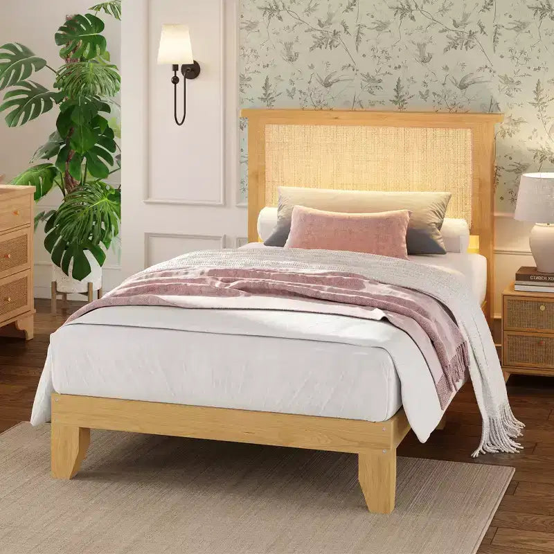 Cadre de lit en rotin, tête de lit de rangement naturelle avec lumières, pieds de support en bois et lattes silencieuses, pas de sommier tapissier, sans bruit, assemblage facile