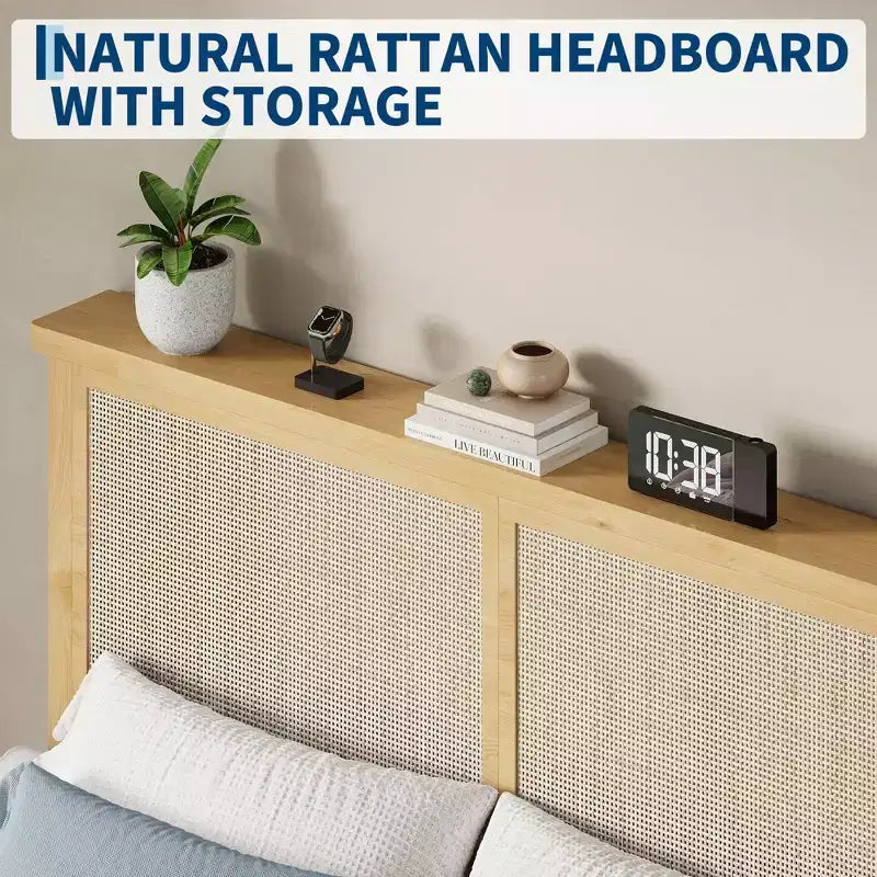 Cadre de lit en rotin, tête de lit de rangement naturelle avec lumières, pieds de support en bois et lattes silencieuses, pas de sommier tapissier, sans bruit, assemblage facile