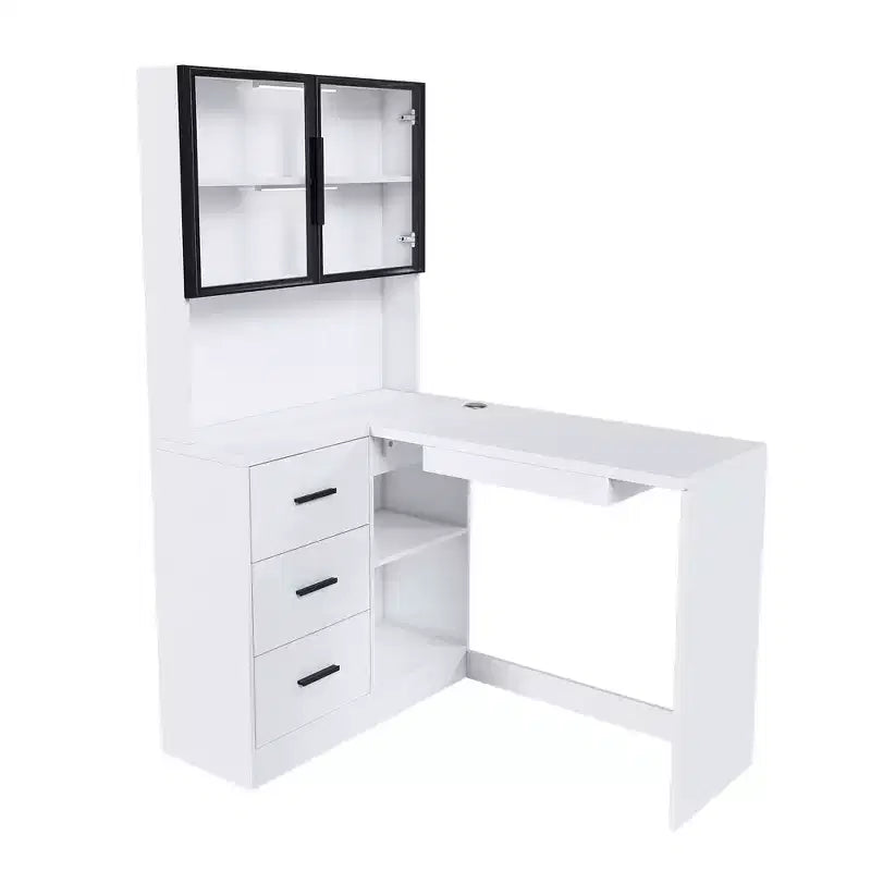 Bureau informatique avec meuble vitré et éclairage LED intégré, bureau d'angle en L, doté de ports de chargement USB et d'un tiroir pour clavier, blanc