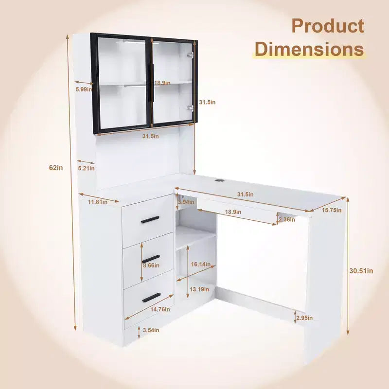 Bureau informatique avec meuble vitré et éclairage LED intégré, bureau d'angle en L, doté de ports de chargement USB et d'un tiroir pour clavier, blanc