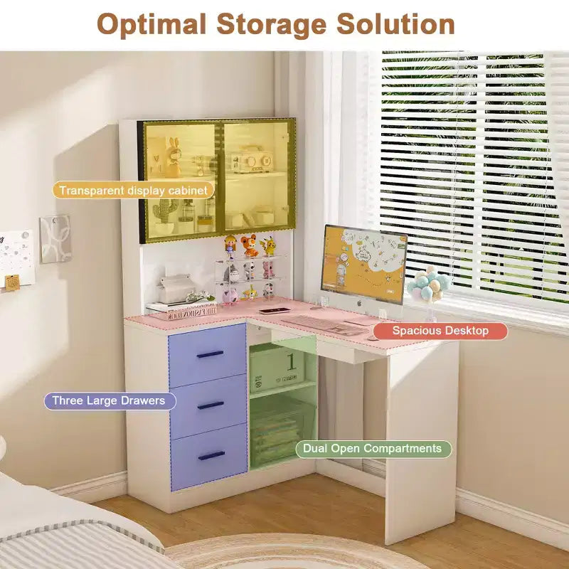 Bureau informatique avec meuble vitré et éclairage LED intégré, bureau d'angle en L, doté de ports de chargement USB et d'un tiroir pour clavier, blanc
