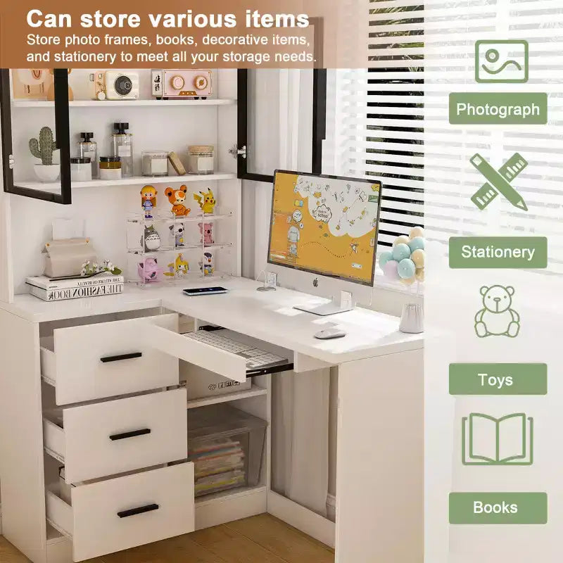 Bureau informatique avec meuble vitré et éclairage LED intégré, bureau d'angle en L, doté de ports de chargement USB et d'un tiroir pour clavier, blanc