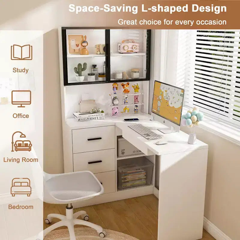 Bureau informatique avec meuble vitré et éclairage LED intégré, bureau d'angle en L, doté de ports de chargement USB et d'un tiroir pour clavier, blanc