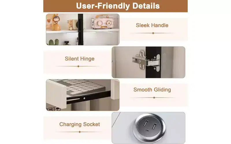 Bureau informatique avec meuble vitré et éclairage LED intégré, bureau d'angle en L, doté de ports de chargement USB et d'un tiroir pour clavier, blanc