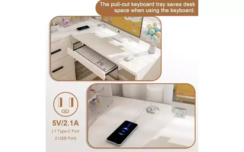 Bureau informatique avec meuble vitré et éclairage LED intégré, bureau d'angle en L, doté de ports de chargement USB et d'un tiroir pour clavier, blanc