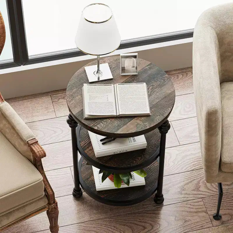 Table d'appoint ronde à 3 niveaux Table d'appoint peu encombrante avec étagère de rangement pour salon et chambre à coucher