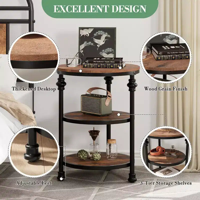 Table d'appoint ronde à 3 niveaux Table d'appoint peu encombrante avec étagère de rangement pour salon et chambre à coucher