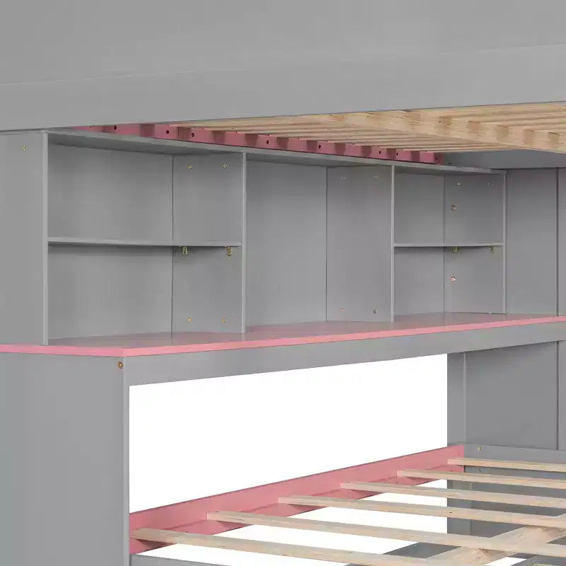 Lit superposé double sur double avec escalier de rangement, bibliothèque lumineuse réglable et lit gigogne