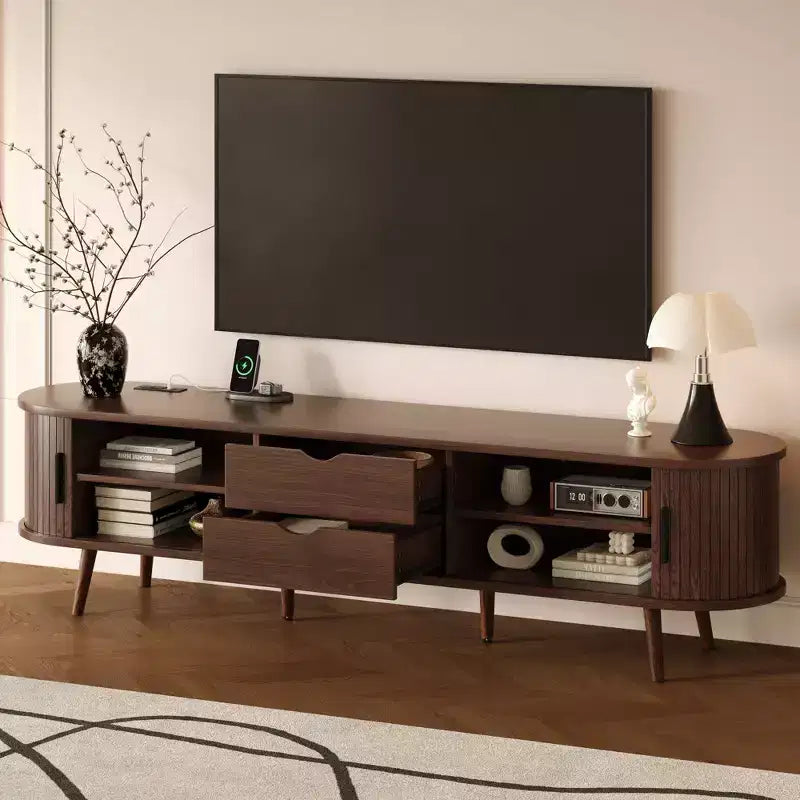 Meuble TV de 70 po de style moderne du milieu du siècle avec porte tambour et prise de courant