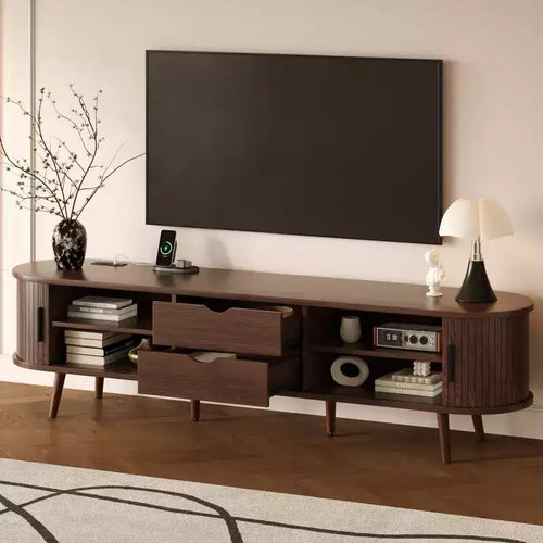 Meuble TV de 70 po de style moderne du milieu du siècle avec porte tambour et prise de courant