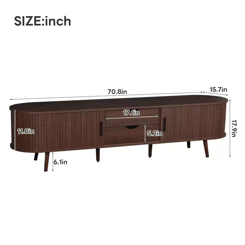 Meuble TV de 70 po de style moderne du milieu du siècle avec porte tambour et prise de courant