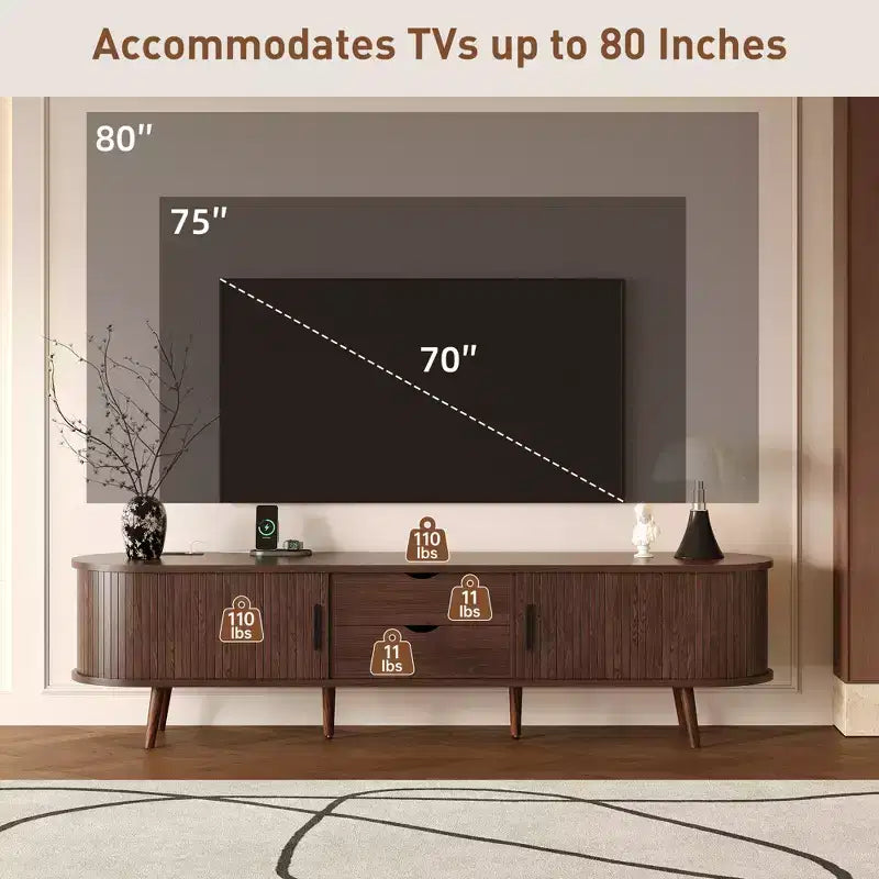 Meuble TV de 70 po de style moderne du milieu du siècle avec porte tambour et prise de courant