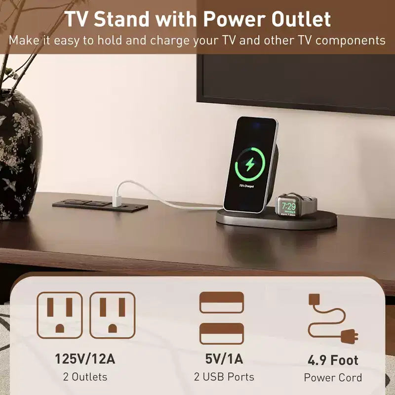 Meuble TV de 70 po de style moderne du milieu du siècle avec porte tambour et prise de courant