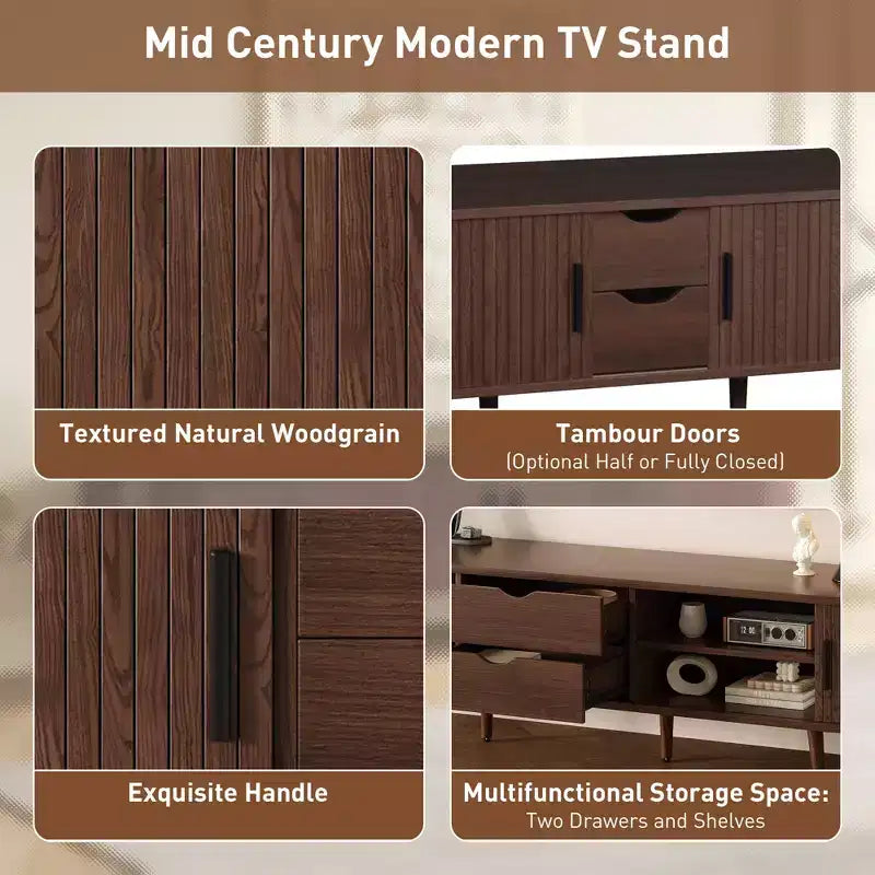 Meuble TV de 70 po de style moderne du milieu du siècle avec porte tambour et prise de courant