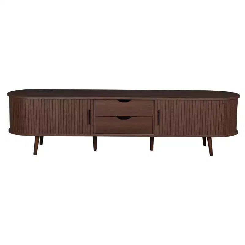Meuble TV de 70 po de style moderne du milieu du siècle avec porte tambour et prise de courant