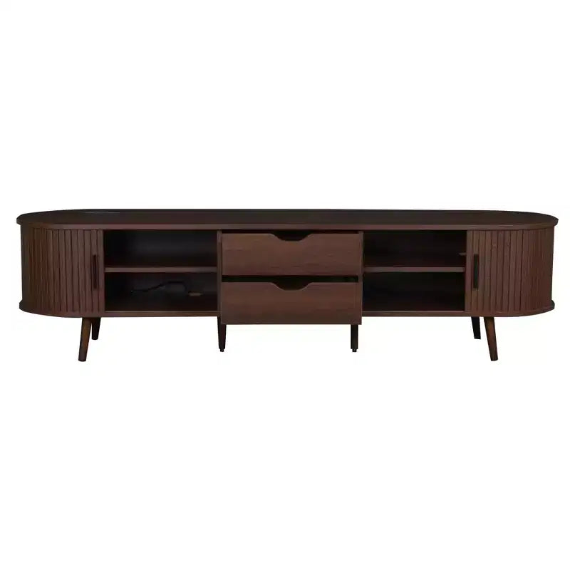 Meuble TV de 70 po de style moderne du milieu du siècle avec porte tambour et prise de courant