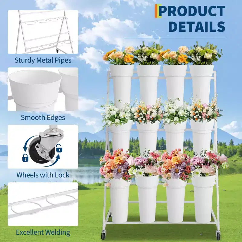Présentoir à fleurs, charrette à fleurs à 3 niveaux avec 12 seaux ronds et roues, présentoir mobile pour jardin, mariage, magasin de fleurs