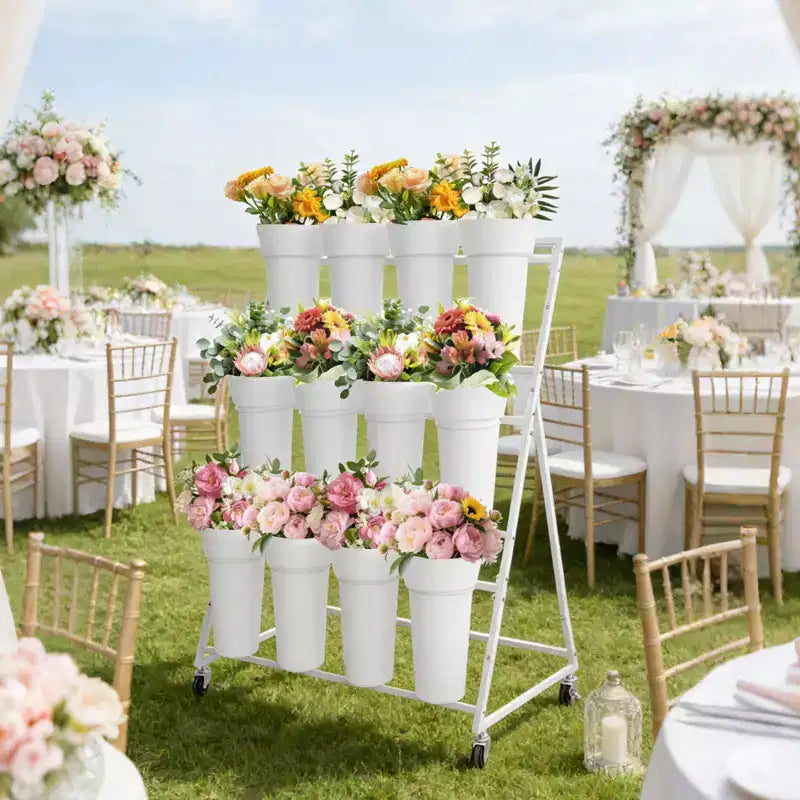 Présentoir à fleurs, charrette à fleurs à 3 niveaux avec 12 seaux ronds et roues, présentoir mobile pour jardin, mariage, magasin de fleurs