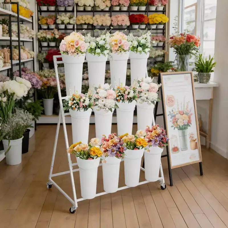 Présentoir à fleurs, charrette à fleurs à 3 niveaux avec 12 seaux ronds et roues, présentoir mobile pour jardin, mariage, magasin de fleurs