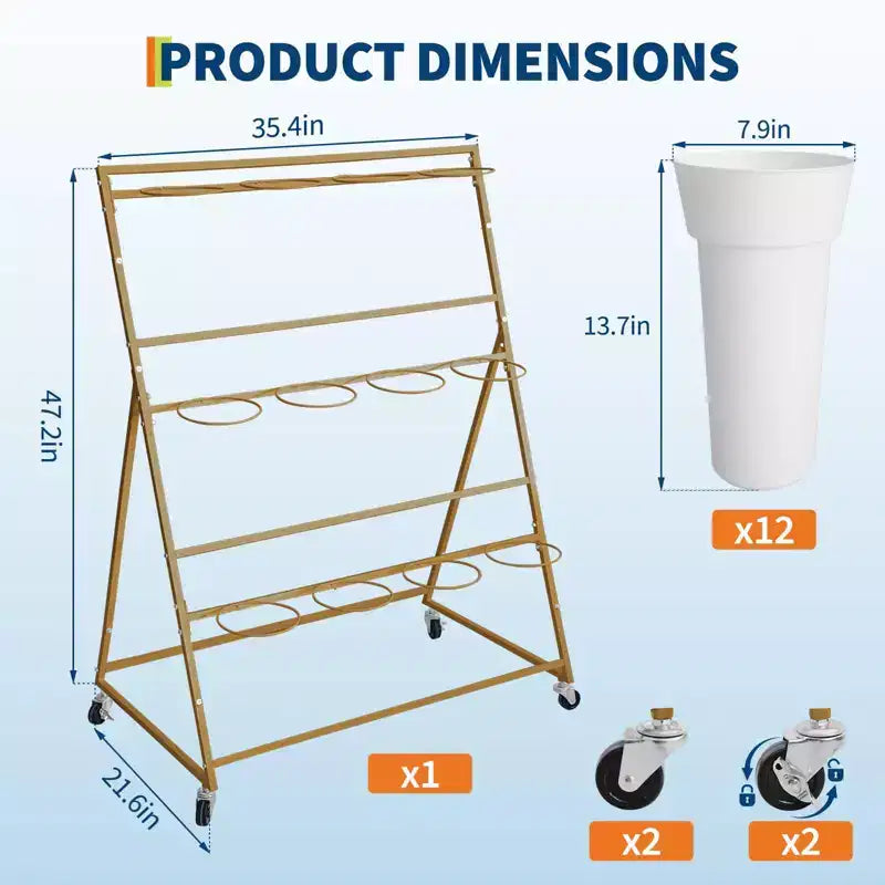 Présentoir à fleurs, charrette à fleurs à 3 niveaux avec 12 seaux ronds et roues, présentoir mobile pour jardin, mariage, magasin de fleurs