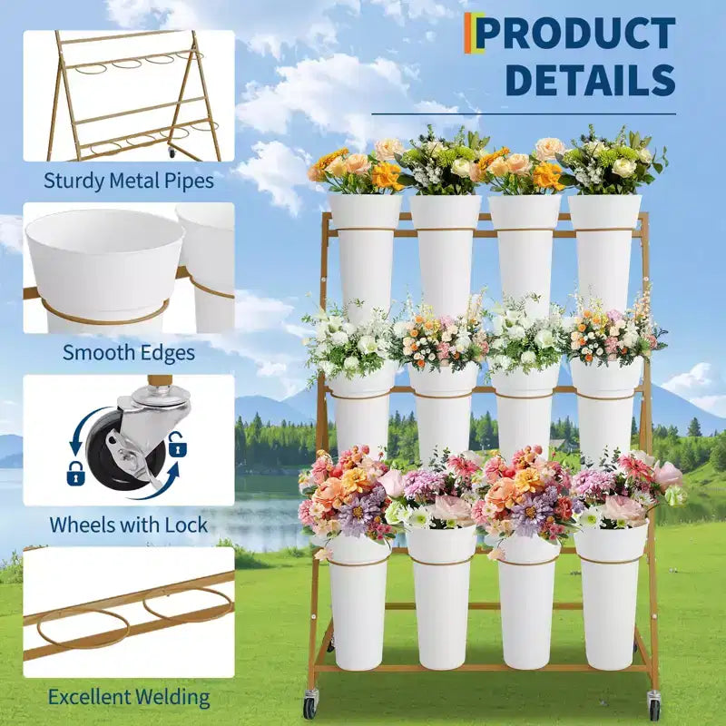 Présentoir à fleurs, charrette à fleurs à 3 niveaux avec 12 seaux ronds et roues, présentoir mobile pour jardin, mariage, magasin de fleurs