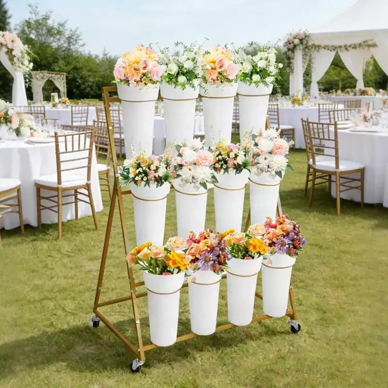 Présentoir à fleurs, charrette à fleurs à 3 niveaux avec 12 seaux ronds et roues, présentoir mobile pour jardin, mariage, magasin de fleurs