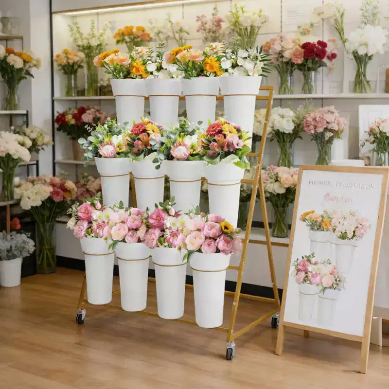 Présentoir à fleurs, charrette à fleurs à 3 niveaux avec 12 seaux ronds et roues, présentoir mobile pour jardin, mariage, magasin de fleurs
