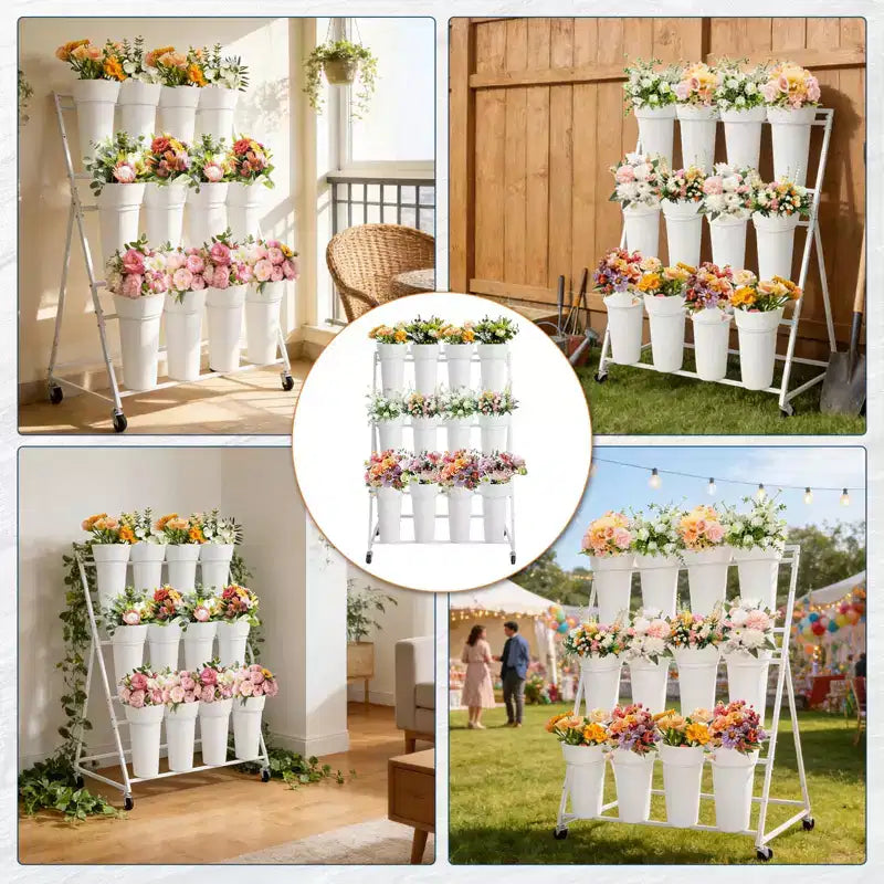 Présentoir à fleurs, charrette à fleurs à 3 niveaux avec 12 seaux ronds et roues, présentoir mobile pour jardin, mariage, magasin de fleurs
