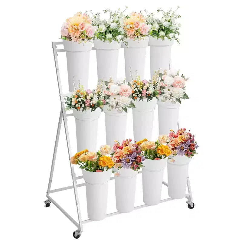 Présentoir à fleurs, charrette à fleurs à 3 niveaux avec 12 seaux ronds et roues, présentoir mobile pour jardin, mariage, magasin de fleurs