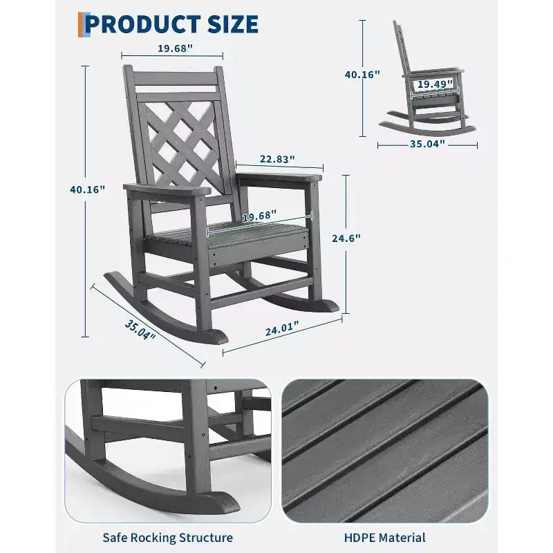 Fauteuil à bascule en PEHD tout temps, 172 kg, résistant aux intempéries, dossier haut, accoudoirs larges, pour terrasse, patio, piscine, jardin