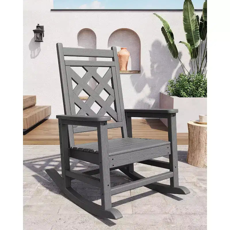 Fauteuil à bascule en PEHD tout temps, 172 kg, résistant aux intempéries, dossier haut, accoudoirs larges, pour terrasse, patio, piscine, jardin