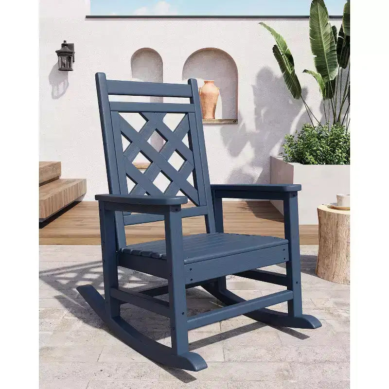 Fauteuil à bascule en PEHD tout temps, 172 kg, résistant aux intempéries, dossier haut, accoudoirs larges, pour terrasse, patio, piscine, jardin