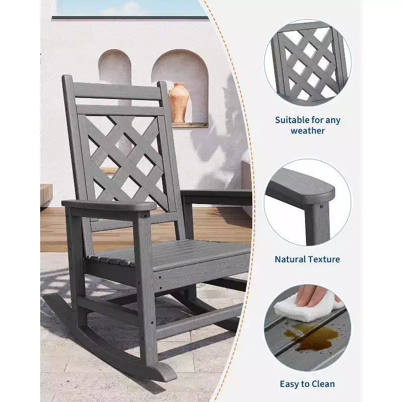 Fauteuil à bascule en PEHD tout temps, 172 kg, résistant aux intempéries, dossier haut, accoudoirs larges, pour terrasse, patio, piscine, jardin