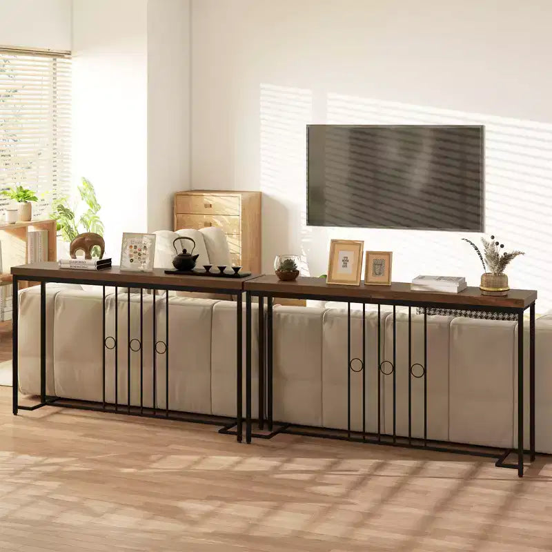 Console industrielle 140 cm étroite avec base en H et plateau spacieux