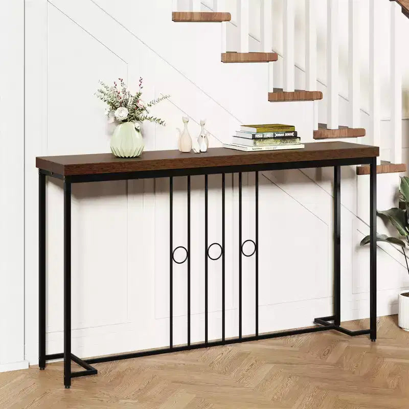 Console industrielle 140 cm étroite avec base en H et plateau spacieux