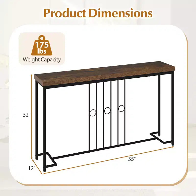 Console industrielle 140 cm étroite avec base en H et plateau spacieux