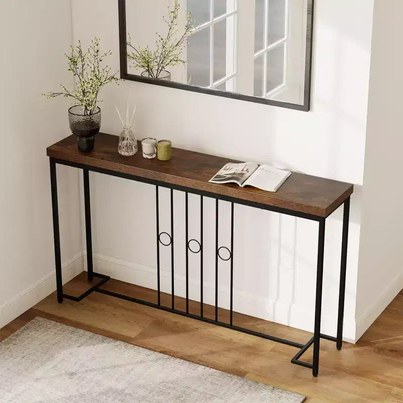 Console industrielle 140 cm étroite avec base en H et plateau spacieux