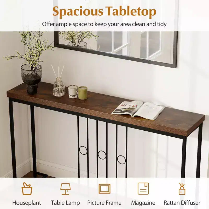 Console industrielle 140 cm étroite avec base en H et plateau spacieux